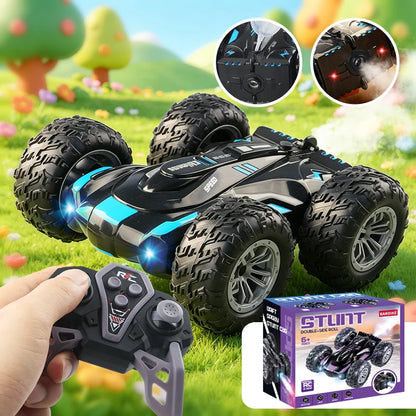 Double-Sided RC Stunt Car with 360° Flips, LED Lights & Spray Effects for Kids