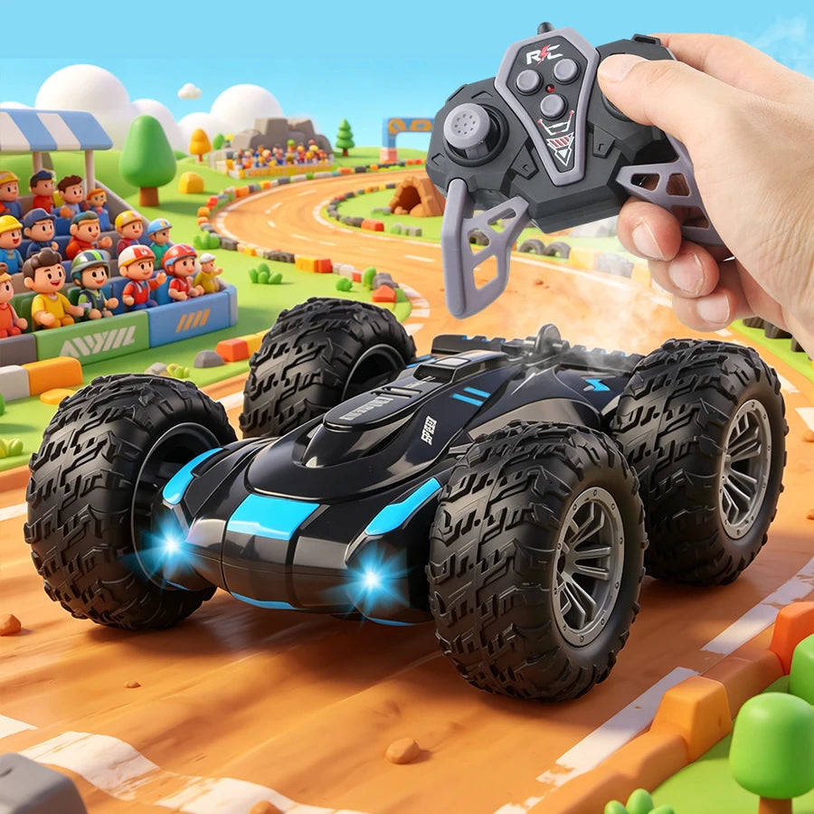 Double-Sided RC Stunt Car with 360° Flips, LED Lights & Spray Effects for Kids