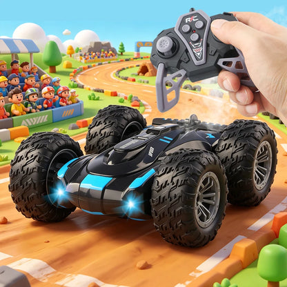 Double-Sided RC Stunt Car with 360° Flips, LED Lights & Spray Effects for Kids
