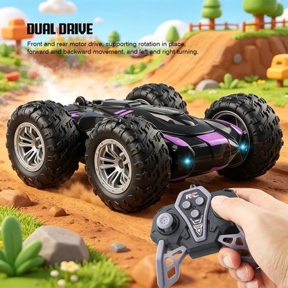 Double-Sided RC Stunt Car with 360° Flips, LED Lights & Spray Effects for Kids
