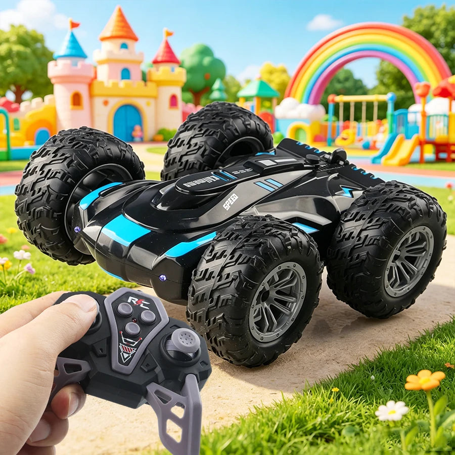 Double-Sided RC Stunt Car with 360° Flips, LED Lights & Spray Effects for Kids