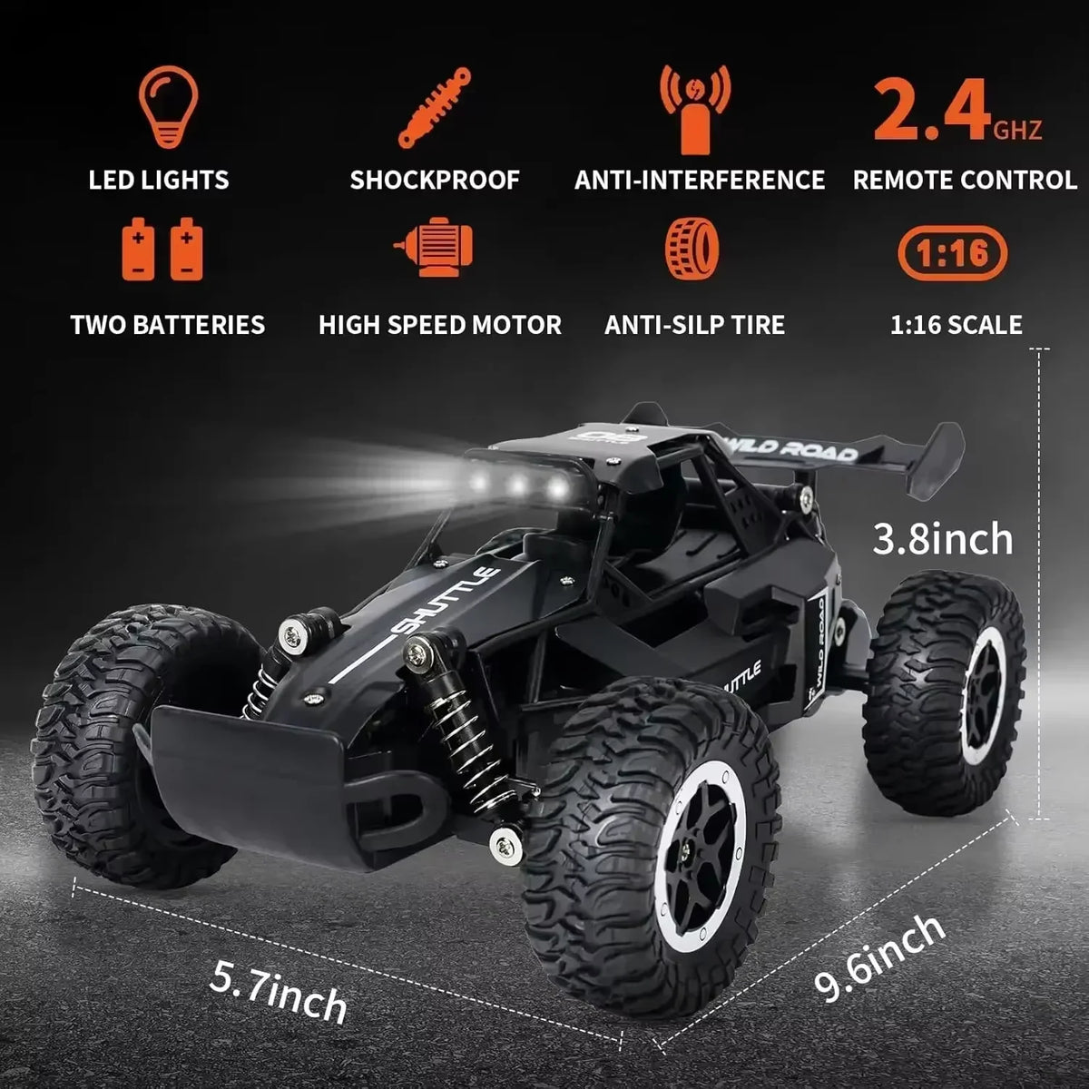 1:16 Scale RC Monster Truck – High-Speed Off-Road Car with LED Lights