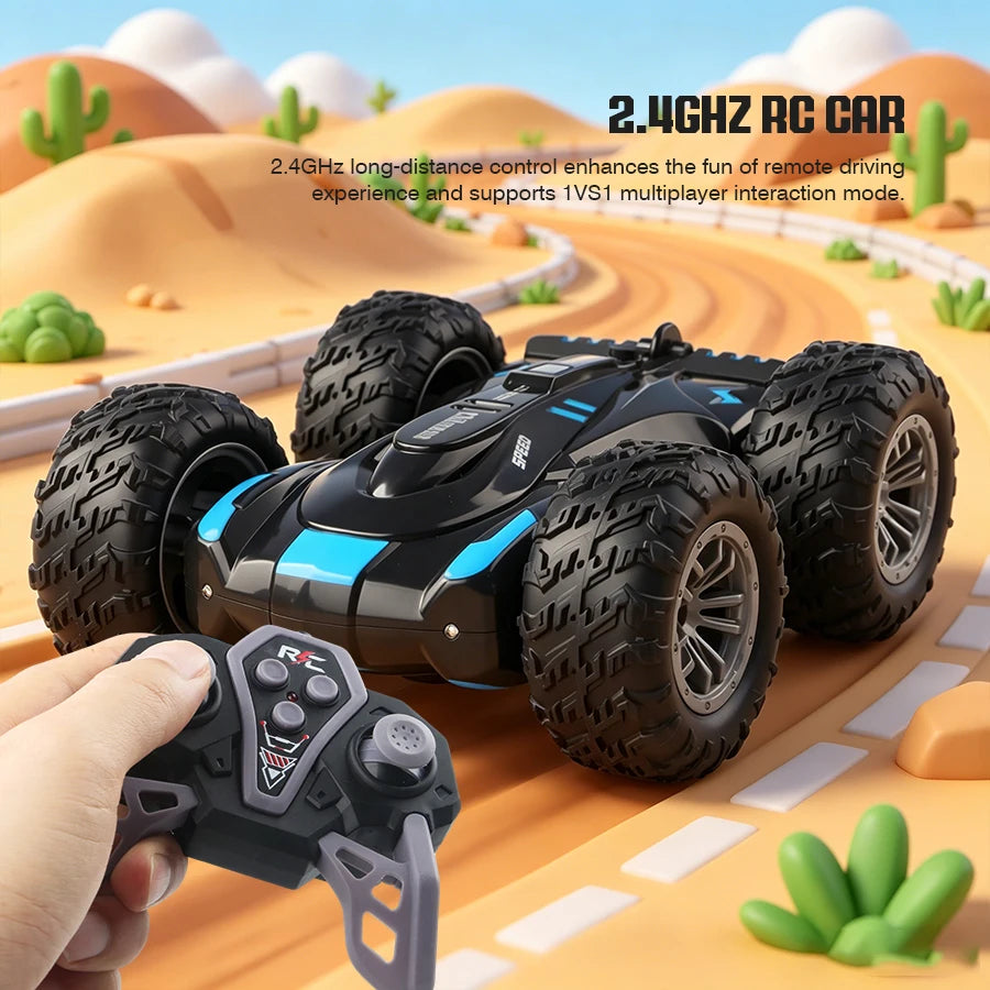Double-Sided RC Stunt Car with 360° Flips, LED Lights & Spray Effects for Kids