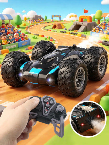 Double-Sided RC Stunt Car with 360° Flips, LED Lights & Spray Effects for Kids