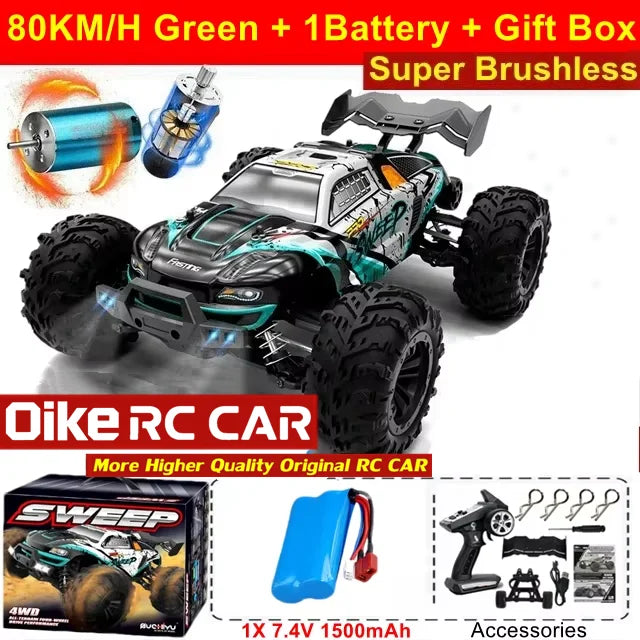 4WD Brushless RC Car – High-Speed Off-Road Racing Truck with LED Lights