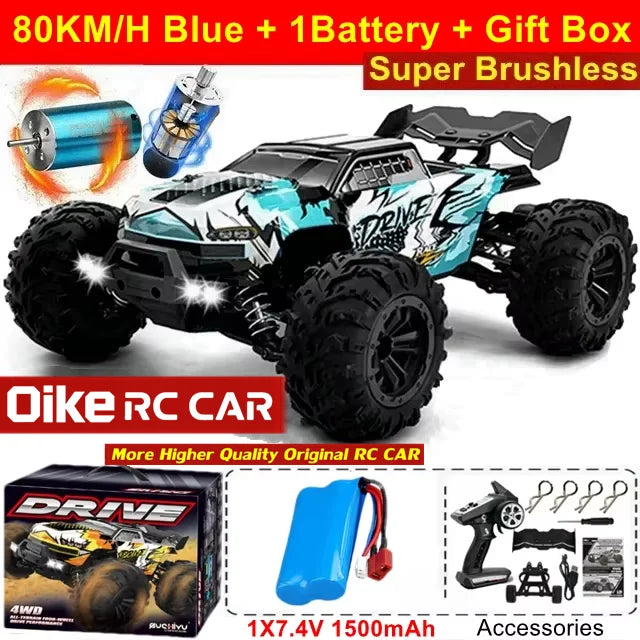 4WD Brushless RC Car – High-Speed Off-Road Racing Truck with LED Lights