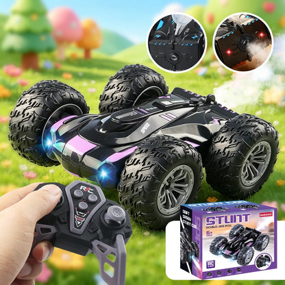 Double-Sided RC Stunt Car with 360° Flips, LED Lights & Spray Effects for Kids