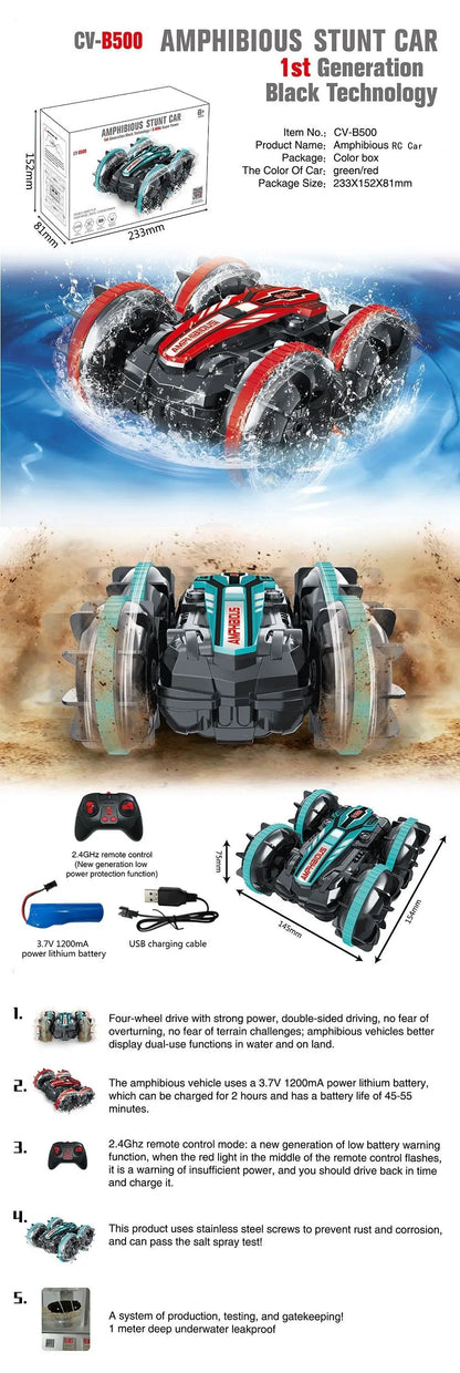 Amphibious RC Stunt Car 4WD Waterproof 360° Rotating Off-Road Toy
