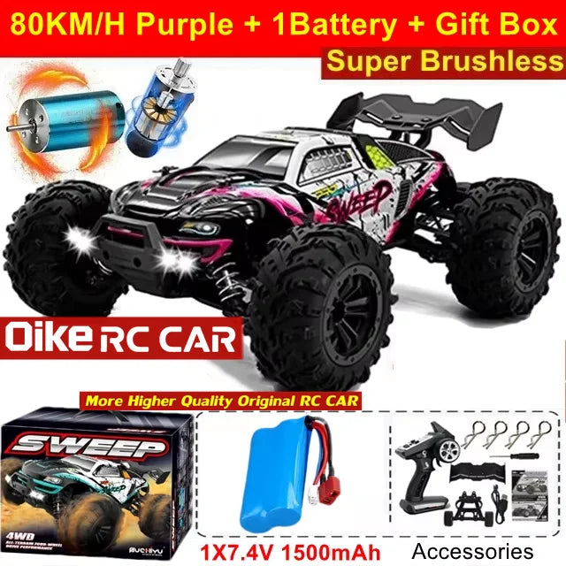4WD Brushless RC Car – High-Speed Off-Road Racing Truck with LED Lights