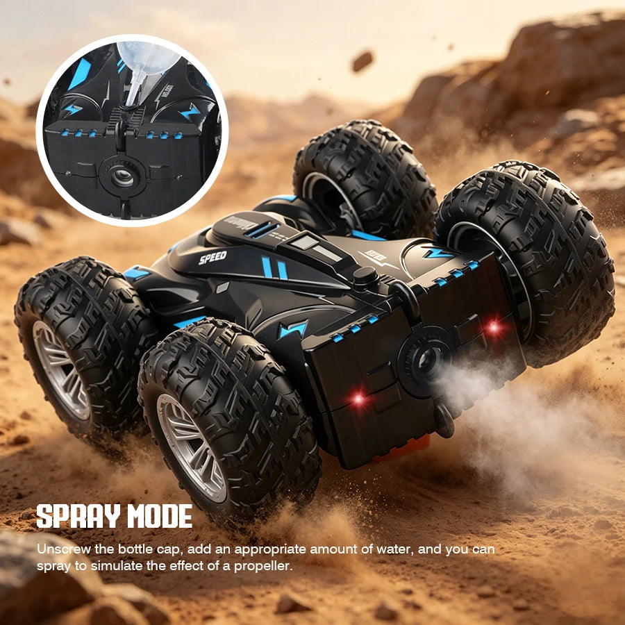 Double-Sided RC Stunt Car with 360° Flips, LED Lights & Spray Effects for Kids