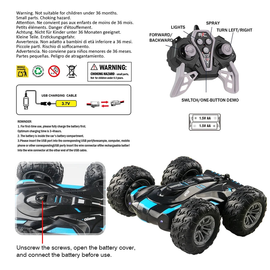 Double-Sided RC Stunt Car with 360° Flips, LED Lights & Spray Effects for Kids
