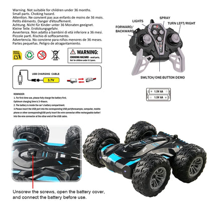 Double-Sided RC Stunt Car with 360° Flips, LED Lights & Spray Effects for Kids